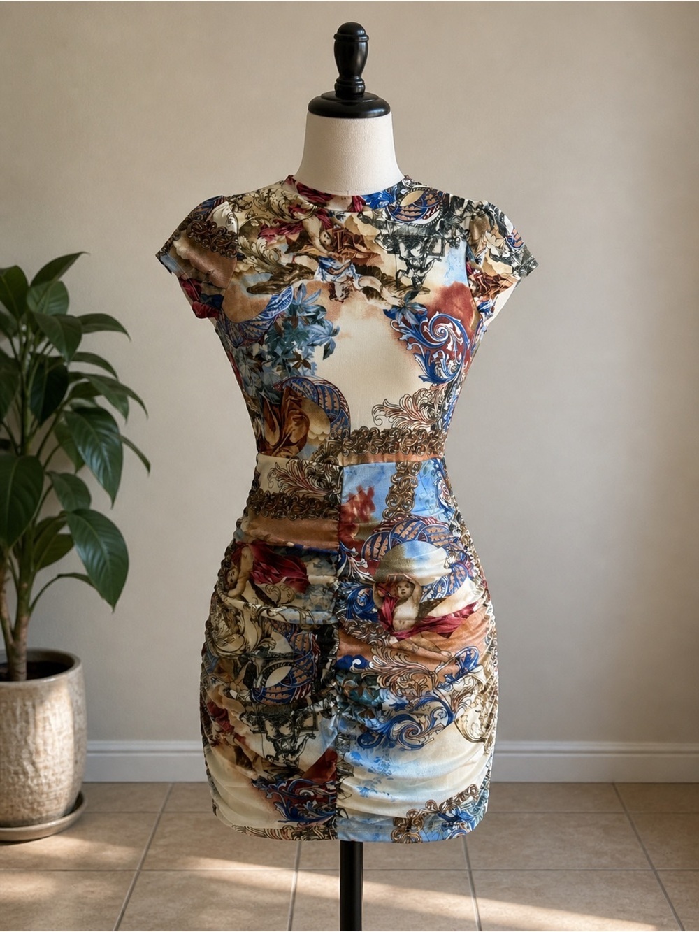 A3 Design Multicolor Baroque-Print Cap-Sleeve Mini Dress